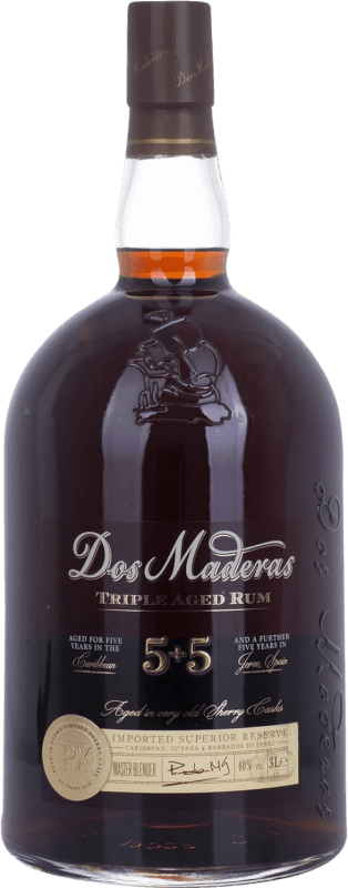 165,95 € Envio grátis | Rum Enrique Mendoza Dos Maderas PX 5+5 Pedro Ximénez Barbados Garrafa Especial 3 L