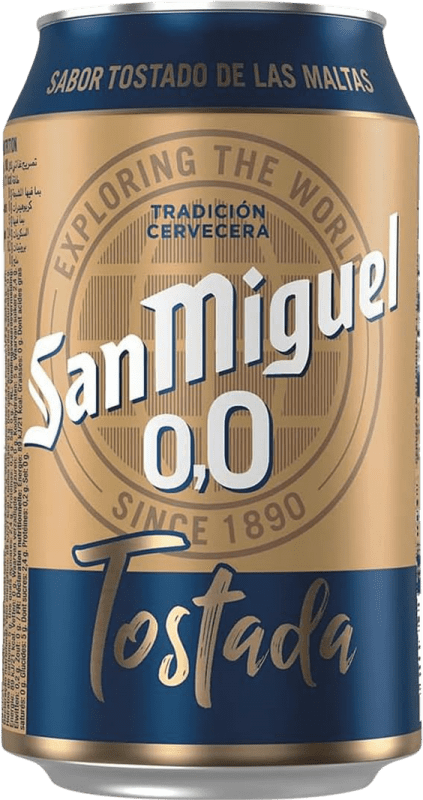 28,95 € Kostenloser Versand | 24 Einheiten Box Bier San Miguel Lager, Tostada — Dunkel Spanien Dose 33 cl 0.0 Null Null Alkoholfrei