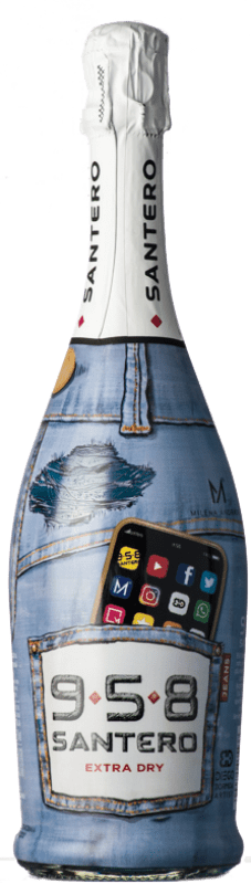 9,95 € Envoi gratuit | Vin Mousseux Blanc Santero 958 Jeans Milena Andrade Extra Dry — Extra-Sec Blue — Édition Bleue D.O.C. Piedmont Piémont Italie Bacca Bouteille 75 cl