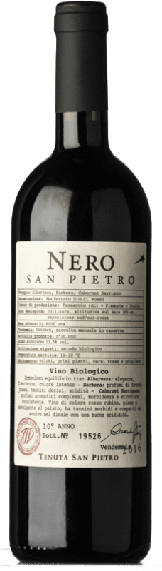 14,95 € Spedizione Gratuita | Vino rosso San Pietro Rosso Nero D.O.C. Monferrato Piemonte Italia Cabernet Sauvignon, Barbera, Albarossa Biologico Bottiglia 75 cl