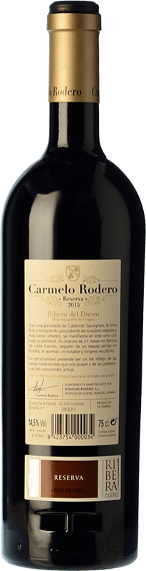 37,95 € Free Shipping | Red wine Carmelo Rodero Reserva D.O. Ribera del Duero Castilla y León Spain Tempranillo, Cabernet Sauvignon Bottle 75 cl