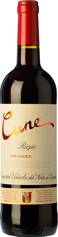 10,95 € 免费送货 | 红葡萄酒 Norte de España - CVNE Cune Crianza — 陈酿 D.O.Ca. Rioja 拉里奥哈 西班牙 Tempranillo — 丹魄, Garnacha — 歌海娜, Mazuelo — 马苏埃洛 中瓶装 50 cl