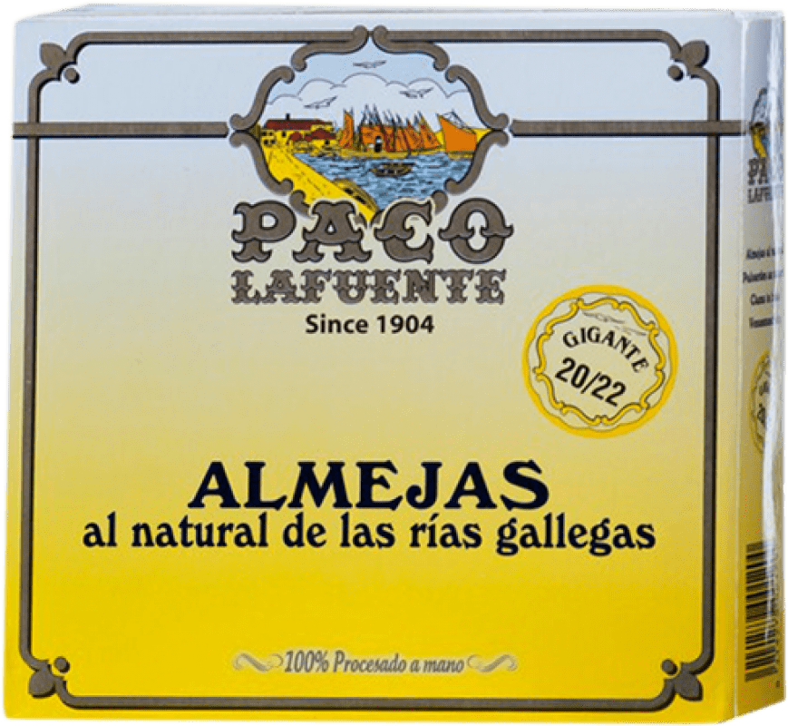 138,95 € Envio grátis | Conservas de Marisco Conservera Gallega Paco Lafuente Almejas al Natural Galiza Espanha 20/25 Peças