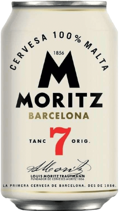 23,95 € Envio grátis | Caixa de 12 unidades Cerveja Moritz 7 Catalunha Espanha Lata 33 cl