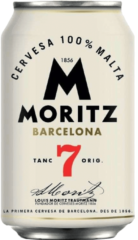 25,95 € Envio grátis | Caixa de 24 unidades Cerveja Moritz 7 Catalunha Espanha Lata 33 cl
