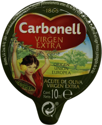 24,95 € Бесплатная доставка | Коробка из 120 единиц Оливковое масло Carbonell Virgen Extra Андалусия Испания Разовые дозы 1 cl