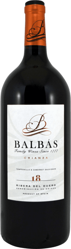 25,95 € 免费送货 | 红酒 Balbás 18 Meses 岁 D.O. Ribera del Duero 卡斯蒂利亚莱昂 西班牙 Tempranillo, Cabernet Sauvignon 瓶子 Magnum 1,5 L