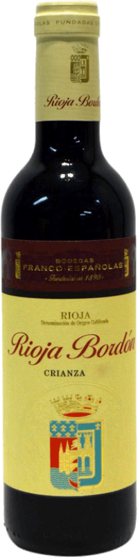 4,95 € Spedizione Gratuita | Vino rosso Bodegas Franco Españolas Bordón Crianza D.O.Ca. Rioja La Rioja Spagna Tempranillo, Grenache Tintorera Mezza Bottiglia 37 cl