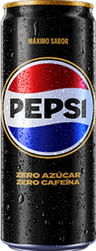 23,95 € Envio grátis | Caixa de 24 unidades Refrigerantes Pepsi Zero Sem Açúcar Espanha Lata 33 cl Sin Cafeína — Descafeinado