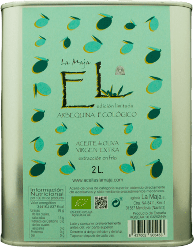26,95 € Free Shipping | Olive Oil La Maja EVOO Extra Virgin D.O. Navarra Navarre Spain Arbequina Eco — Organic Medium Can 2 L